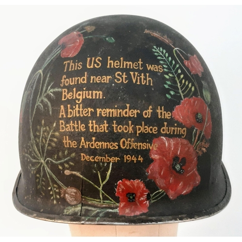 75 - WW2 US Fixed Bale Helmet that was found in the Ardennes near St Vith. It has been hand painted as a ... 