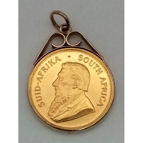 87 - A 1981 22k Gold Krugerrand 1oz Coin in a 9K Gold Pendant Casing. Total weight - 37.56g. 33.9g of 22k... 