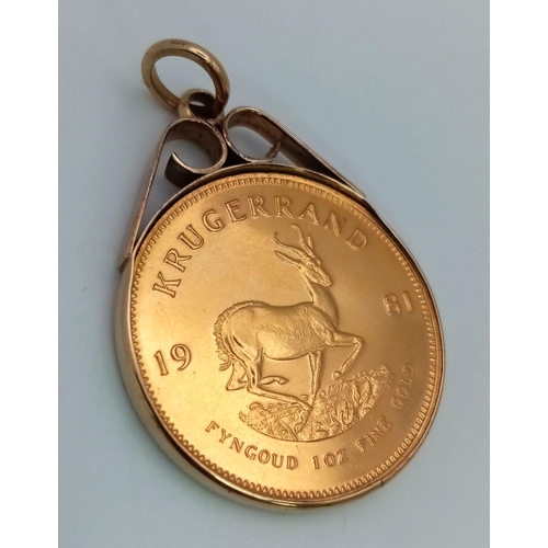 87 - A 1981 22k Gold Krugerrand 1oz Coin in a 9K Gold Pendant Casing. Total weight - 37.56g. 33.9g of 22k... 