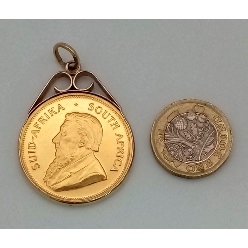 87 - A 1981 22k Gold Krugerrand 1oz Coin in a 9K Gold Pendant Casing. Total weight - 37.56g. 33.9g of 22k... 