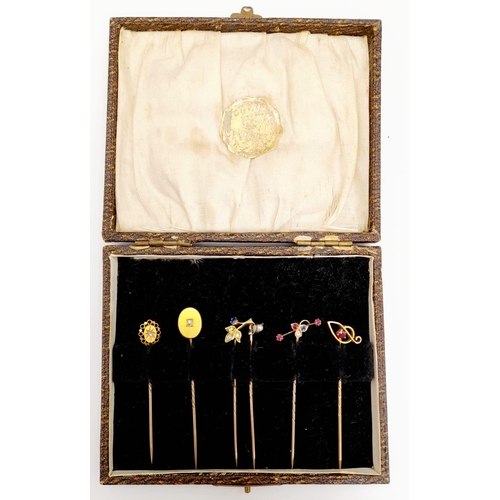 761 - A Collection of Six Antique Gold Stick Pins. Diamond and gemstone decoration. Four are 18k gold - tw... 