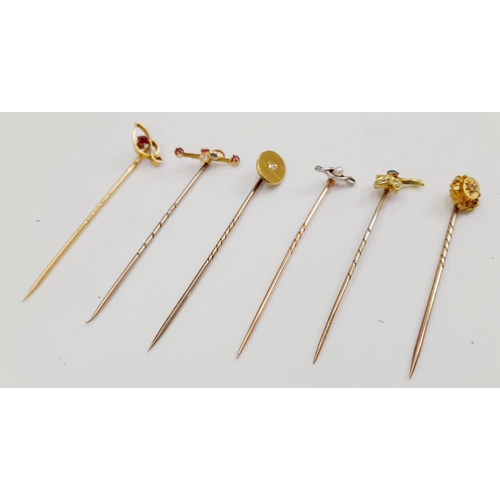 761 - A Collection of Six Antique Gold Stick Pins. Diamond and gemstone decoration. Four are 18k gold - tw... 