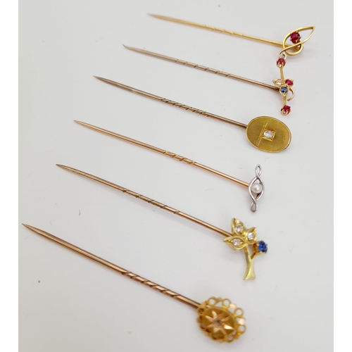 761 - A Collection of Six Antique Gold Stick Pins. Diamond and gemstone decoration. Four are 18k gold - tw... 