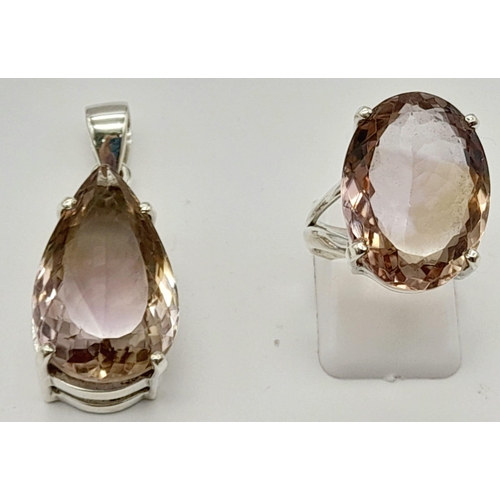 1291 - An Ametrine Pear-Shape Pendant and Matching Oval Ring. Set in 925 Silver with over 30ct of Ametrine.... 