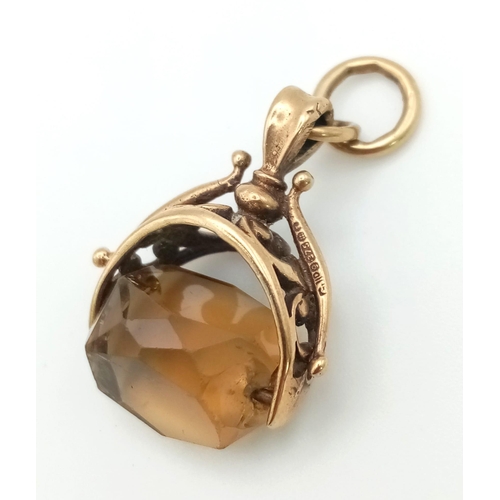 776 - 9k yellow gold Smokey quartz fob pendant 5.4g