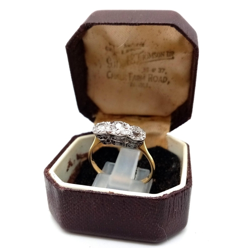 25 - A VINTAGE 18K GOLD RING IN LOVELY CONDITION WITH 3 QUALITY DIAMONDS SET IN PLATINIUM .  2.82gms   si... 