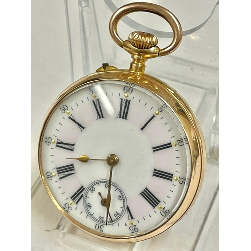 59 - Antique 18ct gold pocket watch with glass display case . 41g ticking but sold as found