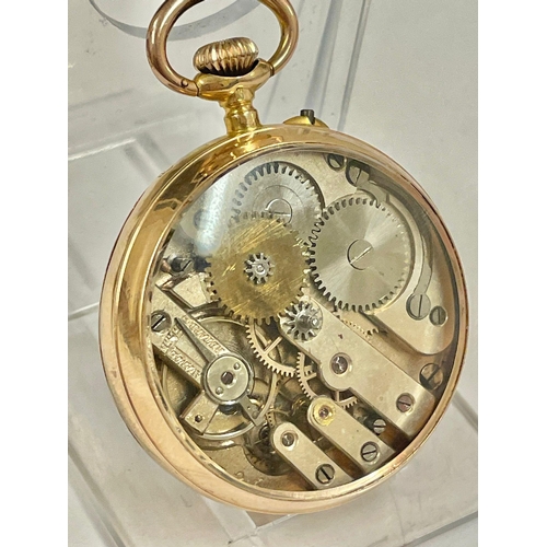 59 - Antique 18ct gold pocket watch with glass display case . 41g ticking but sold as found