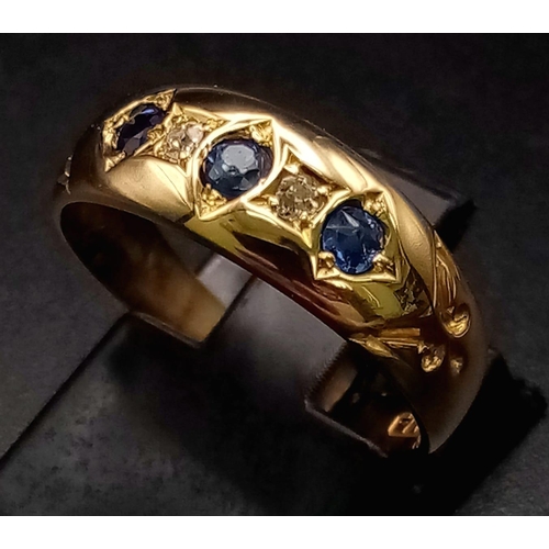 103 - 18K YELLOW GOLD ANTIQUE DIAMOND & SAPPHIRE RING. HALLMARKED BIRMINGHAM 1897. TOTAL WEIGHT 2.94G.  SI... 