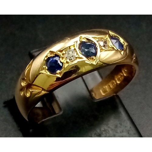 103 - 18K YELLOW GOLD ANTIQUE DIAMOND & SAPPHIRE RING. HALLMARKED BIRMINGHAM 1897. TOTAL WEIGHT 2.94G.  SI... 