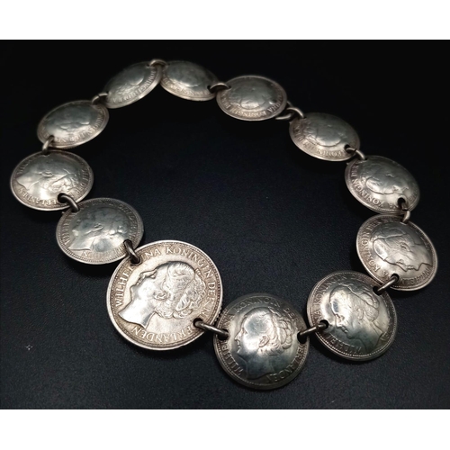 770 - An Vintage (Circa 1940) Dutch Silver Coin Bracelet. 7.5 inches. 19.82g total weight. Ref: ecn- 1338