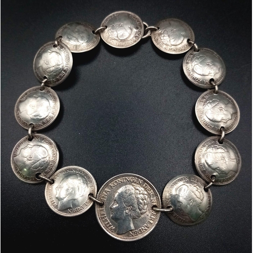 770 - An Vintage (Circa 1940) Dutch Silver Coin Bracelet. 7.5 inches. 19.82g total weight. Ref: ecn- 1338