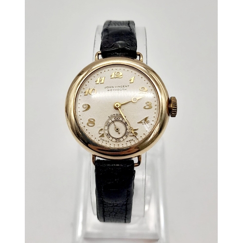 100 - A 9 K yellow gold LONGINES watch with JOHN VINCET WEYMOUTH on dial. Case: 26 mm, white face with gol... 