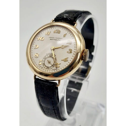 100 - A 9 K yellow gold LONGINES watch with JOHN VINCET WEYMOUTH on dial. Case: 26 mm, white face with gol... 