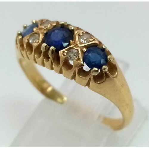 37 - An antique, 18 K yellow gold ring with old cut diamonds and sapphires (0.65 carats). Hallmarked Ches... 