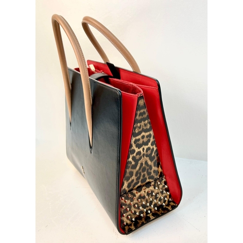 136 - A Christian Louboutin Black/Red Leopard Print Patent and Leather Paloma Tote Bag. Gold-tone hardware... 