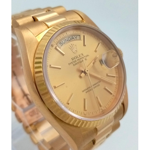 115 - AN 18K GOLD ROLEX OYSTER PERPETUAL DAY-DATE WITH GOLDTONE FACE COMES WITH I.D.CERTIFICATE  34mm