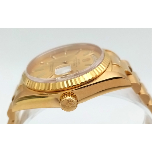 115 - AN 18K GOLD ROLEX OYSTER PERPETUAL DAY-DATE WITH GOLDTONE FACE COMES WITH I.D.CERTIFICATE  34mm