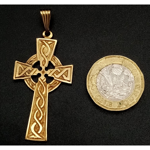 17 - A Vintage 9K Yellow Gold Celtic Cross Pendant. 5.5cm. 7g