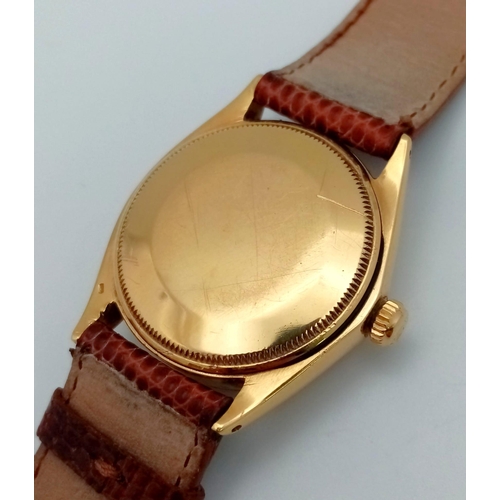 171 - A VINTAGE ROLEX OYSTER PERPETUAL CHRONOMETER, IN 18K GOLD WITH LEATHER STRAP, AUTOMATIC MOVEMENT.  3... 