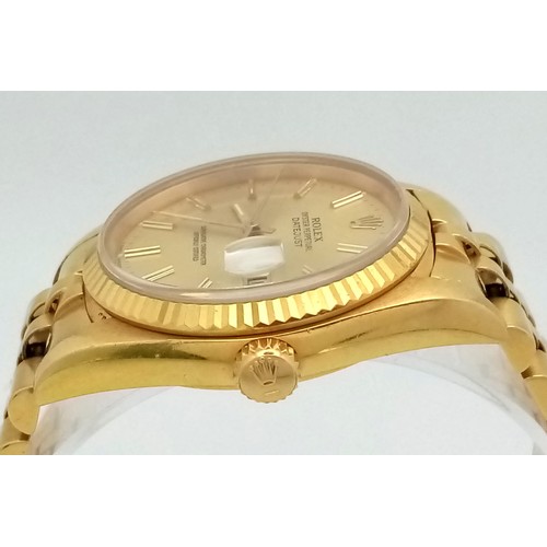 109 - AN 18K GOLD ROLEX OYSTER PERPETUAL DATEJUST WITH SOLID GOLD STRAP AND GOLDTONE DIAL . 36mm