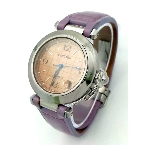 164 - A LADIES CARTIER AUTOMATIC WATCH IN STAINLESS STEEL WITH ATTRACTIVE CARAMEL DIAL AND LILAC LEATHER S... 