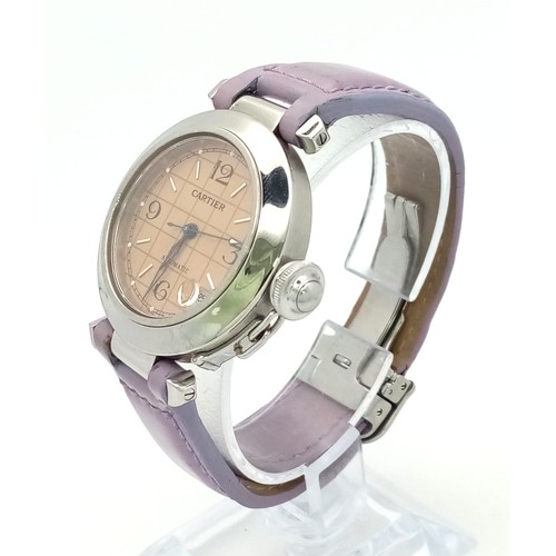 164 - A LADIES CARTIER AUTOMATIC WATCH IN STAINLESS STEEL WITH ATTRACTIVE CARAMEL DIAL AND LILAC LEATHER S... 