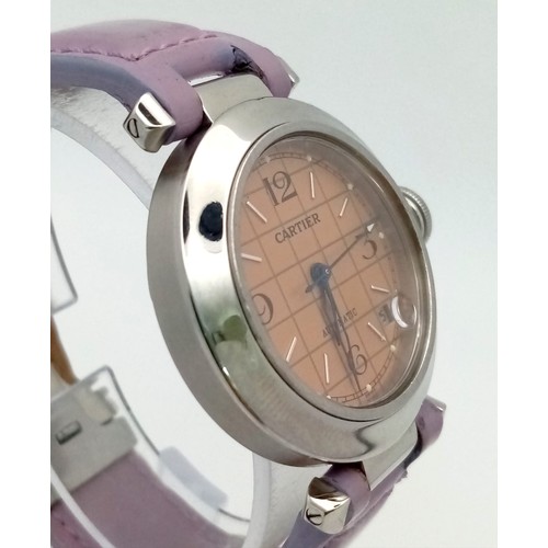 164 - A LADIES CARTIER AUTOMATIC WATCH IN STAINLESS STEEL WITH ATTRACTIVE CARAMEL DIAL AND LILAC LEATHER S... 