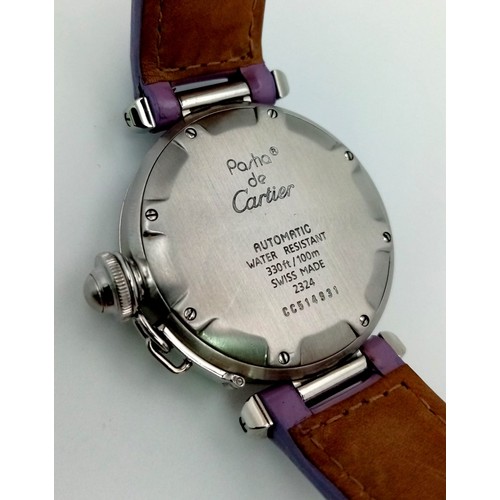 164 - A LADIES CARTIER AUTOMATIC WATCH IN STAINLESS STEEL WITH ATTRACTIVE CARAMEL DIAL AND LILAC LEATHER S... 