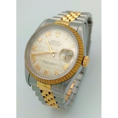 178 - A ROLEX OYSTER PERPETUAL DATEJUST BI-METAL AUTOMATIC WATCH WITH CREAM COLOURED TEXTURED DIAL . 36mm