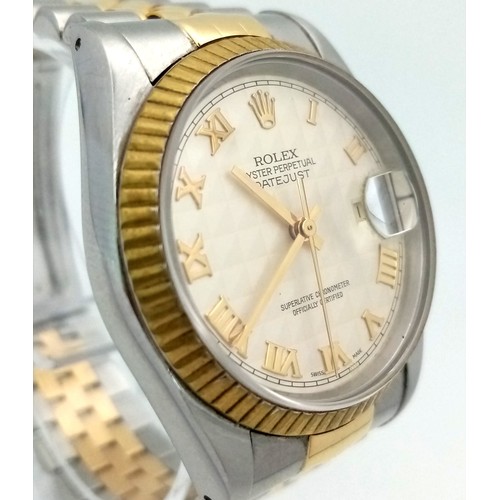 178 - A ROLEX OYSTER PERPETUAL DATEJUST BI-METAL AUTOMATIC WATCH WITH CREAM COLOURED TEXTURED DIAL . 36mm