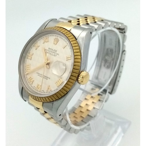 178 - A ROLEX OYSTER PERPETUAL DATEJUST BI-METAL AUTOMATIC WATCH WITH CREAM COLOURED TEXTURED DIAL . 36mm