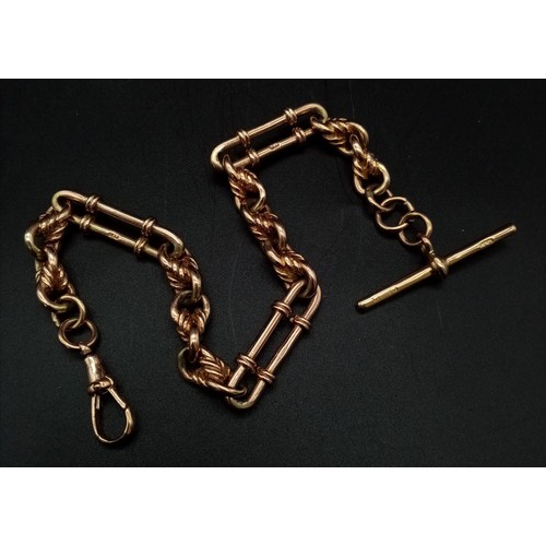 3 - An Antique 9K Rose Gold T-Bar Albert Chain. Elongated and circle-twist links. 38.73g. 25cm