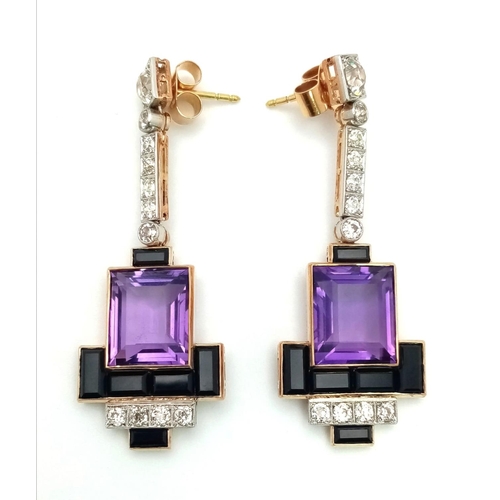 101 - A PAIR OF ART DECO DIAMOND ,AMETHYST AND ONYX DROP EARRINGS , HAVING 3ct OF QUALITY STONES SET IN A ... 