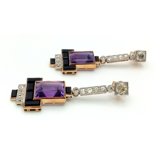 101 - A PAIR OF ART DECO DIAMOND ,AMETHYST AND ONYX DROP EARRINGS , HAVING 3ct OF QUALITY STONES SET IN A ... 