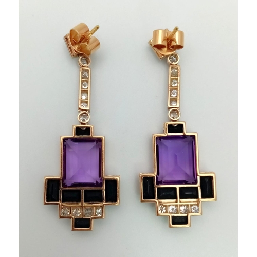 101 - A PAIR OF ART DECO DIAMOND ,AMETHYST AND ONYX DROP EARRINGS , HAVING 3ct OF QUALITY STONES SET IN A ... 