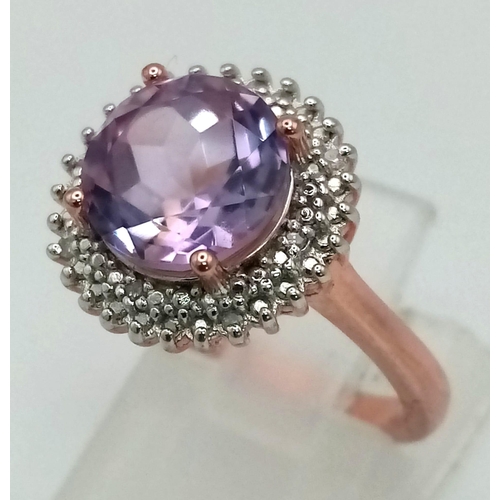 1030 - A 925 Silver Rose Gilded, Diamond and Amethyst Ring. Total Weight 3.52grams. Size L