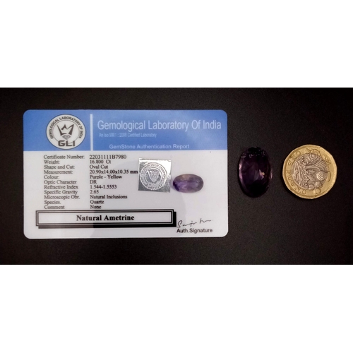 1113 - A 16.8ct Natural Oval Bi-Colour Ametrine. GLI Certified Gemstone.