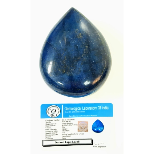 187 - An Immense 3030ct Lapis Lazuli Pear-Shaped Gemstone.  GLI Certified. This is a colour-enhanced gem.