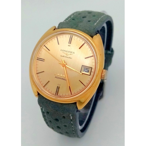 283 - A Vintage Longines Automatic Gold Plated Gents Watch. Grey leather strap. Gold plated case - 35mm. G... 