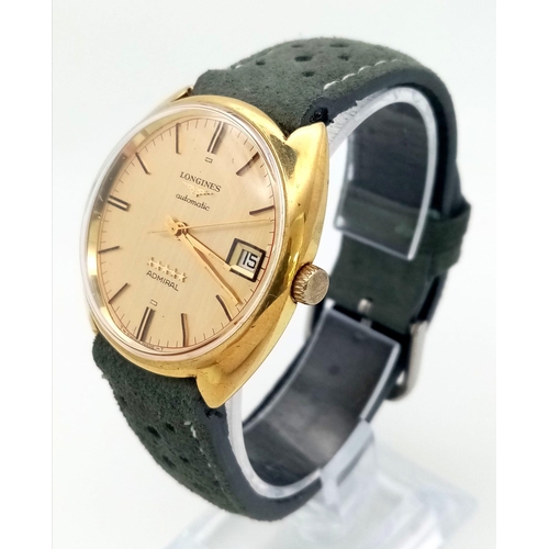 283 - A Vintage Longines Automatic Gold Plated Gents Watch. Grey leather strap. Gold plated case - 35mm. G... 