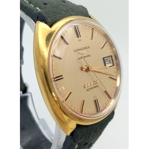 283 - A Vintage Longines Automatic Gold Plated Gents Watch. Grey leather strap. Gold plated case - 35mm. G... 