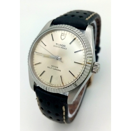 47 - A Vintage Tudor Oyster Prince Gents Watch. Black leather strap. Steel case -35mm with gold bezel. Si... 