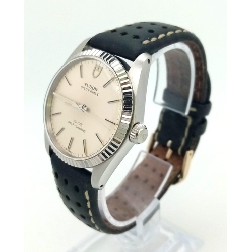 47 - A Vintage Tudor Oyster Prince Gents Watch. Black leather strap. Steel case -35mm with gold bezel. Si... 