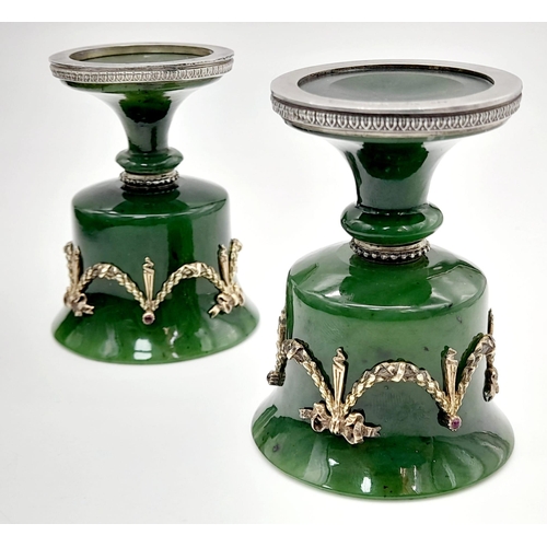 6 - A Pair of Nephrite Jade Early 20th Century Cups with Applied Ribbons and Gem set on Silver Feet with... 