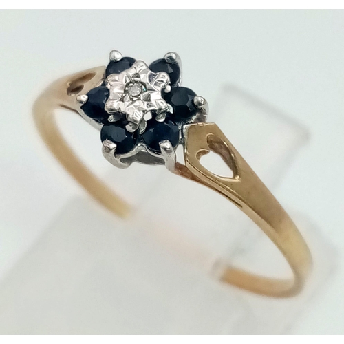 868 - A Vintage 9K Yellow Gold Diamond and Sapphire Ring. Size O. 1.03g total weight.