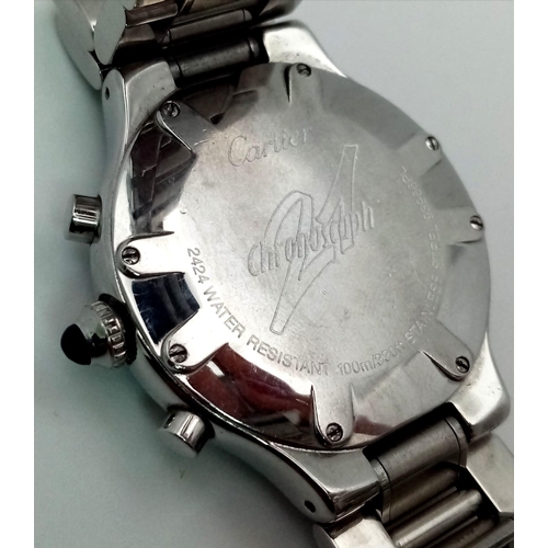 352 - A Cartier 21 Chronograph Watch. Stainless steel strap and case - 38mm. Black monogram dial with thre... 