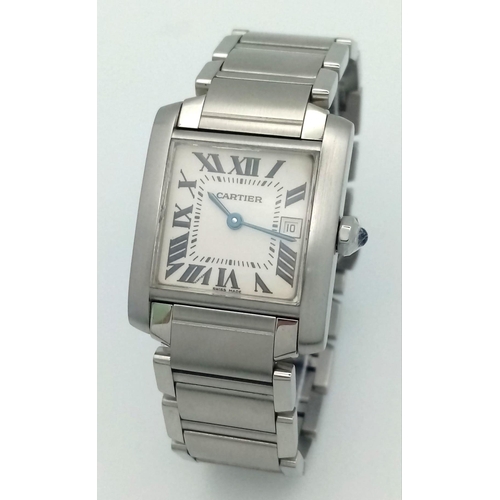 390 - A Cartier Tank Ladies Watch. Stainless steel bracelet and case - 25 x 28mm. White dial with Roman nu... 