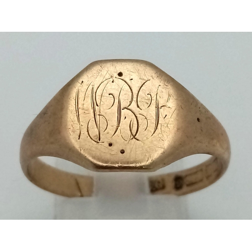 442 - A Vintage 9K Yellow Gold Signet Ring. Size W. 4.58g