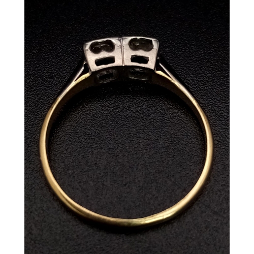 535 - A Vintage 18K Yellow Gold and Platinum Two-Stone Diamond Ring. Size M. 0.5cwt. 1.86g total weight.